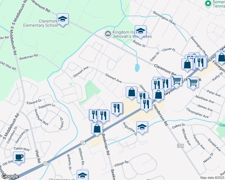 map of restaurants, bars, coffee shops, grocery stores, and more near 17 Kirby Lane in Franklin Township