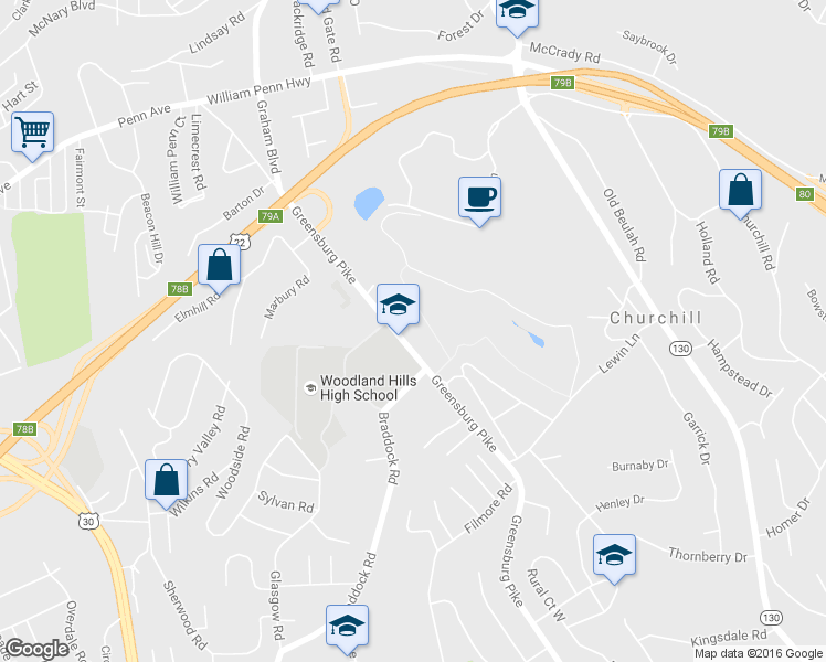 map of restaurants, bars, coffee shops, grocery stores, and more near 2525 Greensburg Pike in Pittsburgh