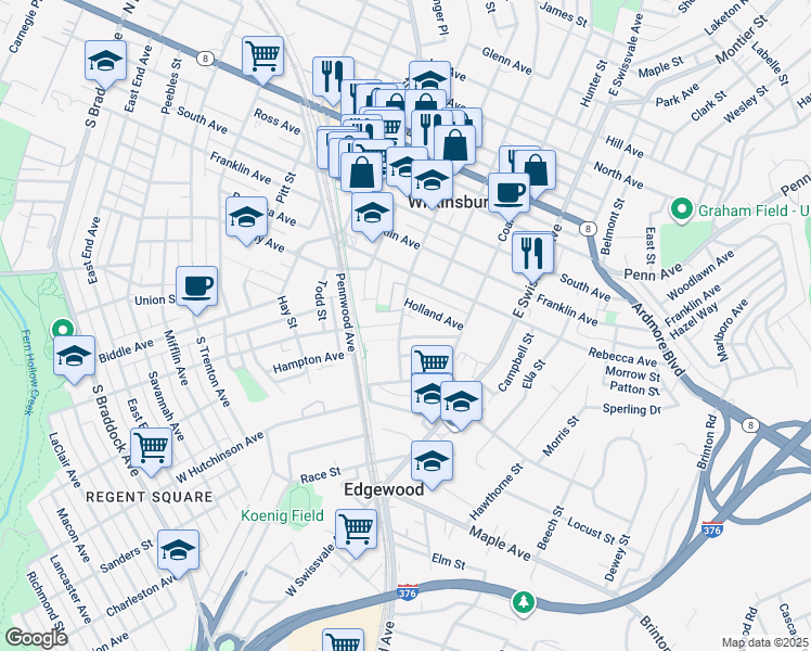 map of restaurants, bars, coffee shops, grocery stores, and more near 413 Center Street in Pittsburgh