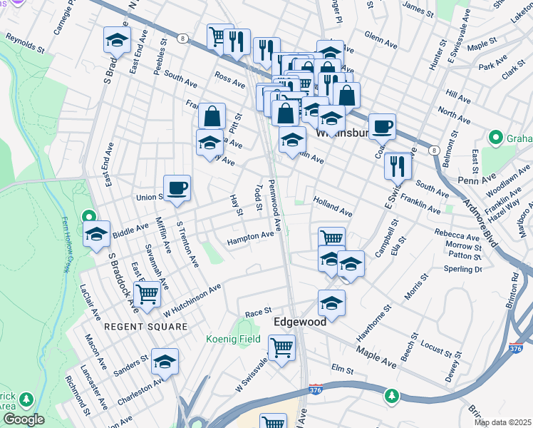 map of restaurants, bars, coffee shops, grocery stores, and more near 414 Todd Street in Pittsburgh