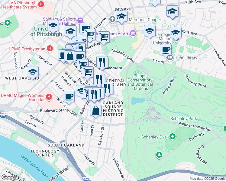 map of restaurants, bars, coffee shops, grocery stores, and more near in Pittsburgh
