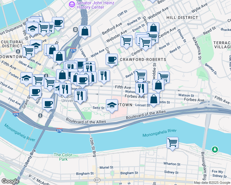 map of restaurants, bars, coffee shops, grocery stores, and more near 1410 Fifth Avenue in Pittsburgh