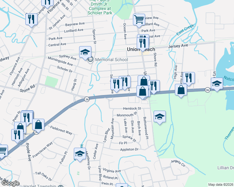 map of restaurants, bars, coffee shops, grocery stores, and more near 508 Washington Avenue in Union Beach