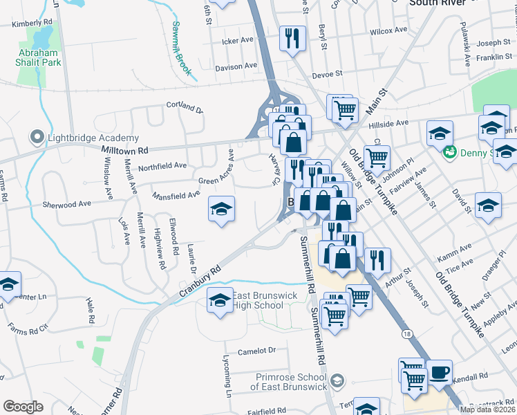 map of restaurants, bars, coffee shops, grocery stores, and more near 42 Harvey Circle in East Brunswick