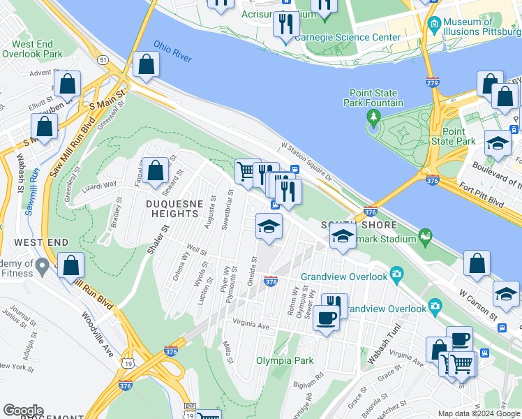 map of restaurants, bars, coffee shops, grocery stores, and more near 1230 Grandview Avenue in Pittsburgh