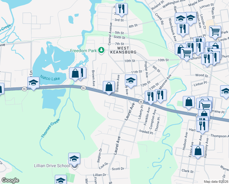 map of restaurants, bars, coffee shops, grocery stores, and more near 303 New Jersey 36 in Hazlet