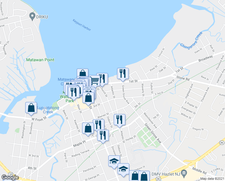 map of restaurants, bars, coffee shops, grocery stores, and more near Atlantic St & 2nd St in Keyport