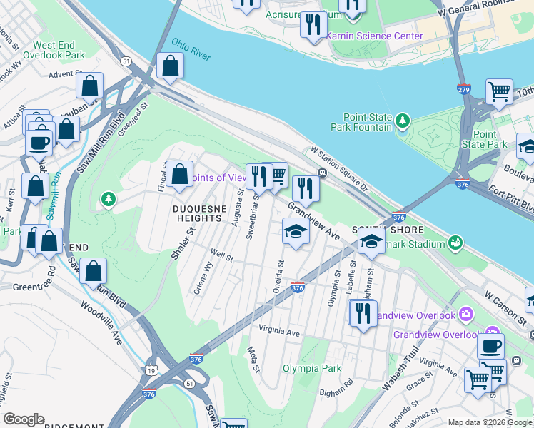 map of restaurants, bars, coffee shops, grocery stores, and more near 1325 Grandview Avenue in Pittsburgh