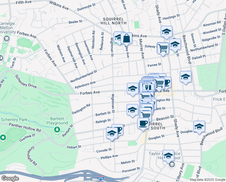 map of restaurants, bars, coffee shops, grocery stores, and more near Forbes Avenue & Wightman Street in Allegheny