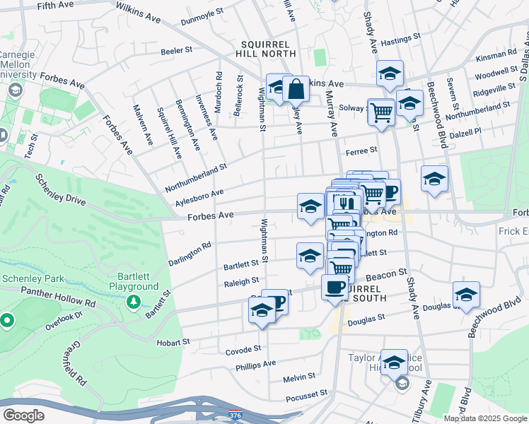 map of restaurants, bars, coffee shops, grocery stores, and more near 1700 Wightman Street in Pittsburgh