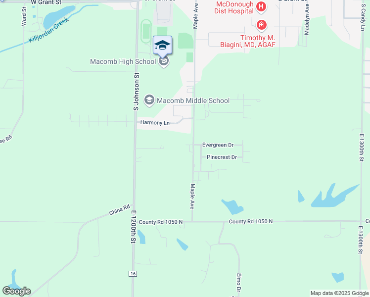 map of restaurants, bars, coffee shops, grocery stores, and more near 1600 Maple Avenue in Macomb