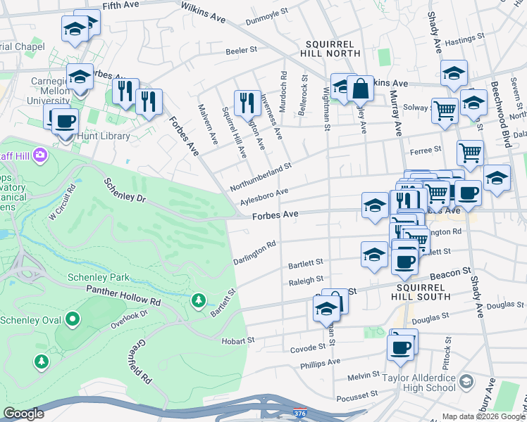 map of restaurants, bars, coffee shops, grocery stores, and more near 5434 Aylesboro Avenue in Pittsburgh
