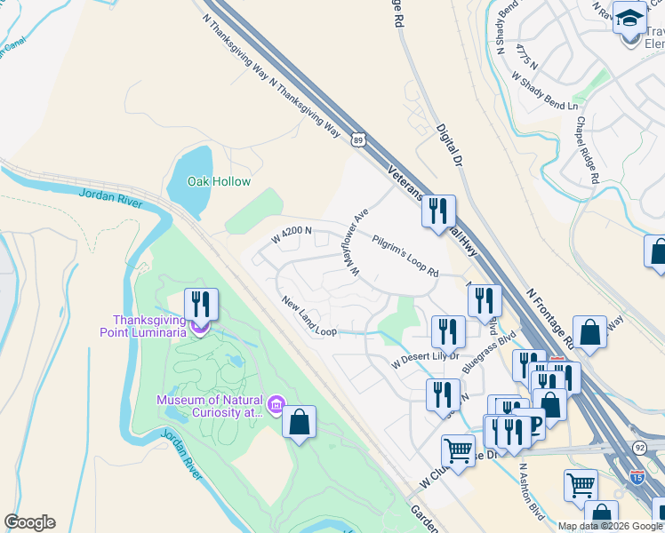 map of restaurants, bars, coffee shops, grocery stores, and more near 3448 New Land Loop in Lehi