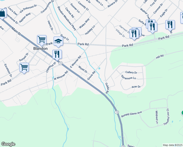 map of restaurants, bars, coffee shops, grocery stores, and more near 583 Wyatt Drive in Blandon