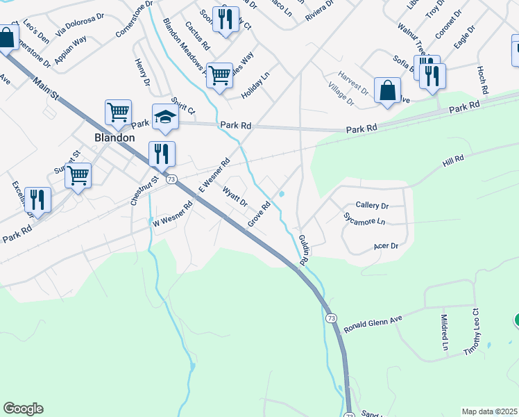 map of restaurants, bars, coffee shops, grocery stores, and more near 583 Wyatt Drive in Blandon