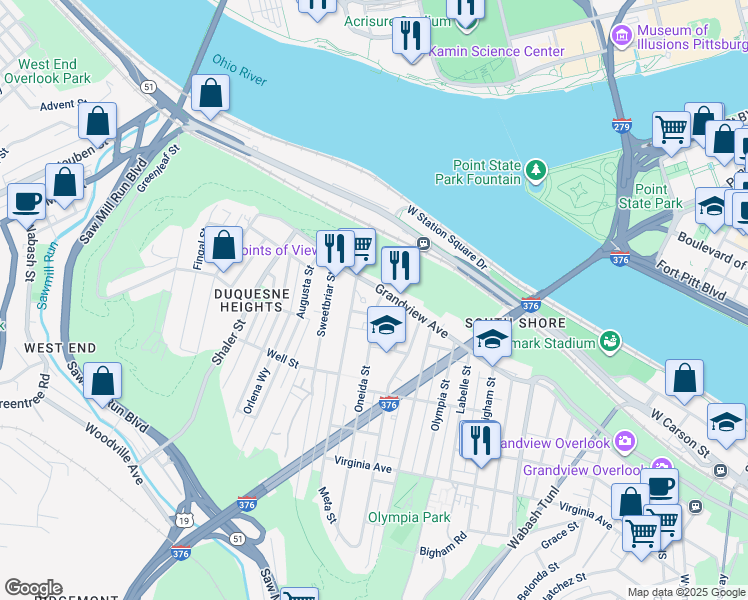 map of restaurants, bars, coffee shops, grocery stores, and more near 1 Trimont Lane in Pittsburgh