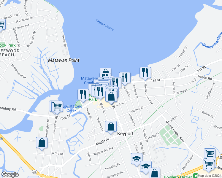 map of restaurants, bars, coffee shops, grocery stores, and more near 7 East Front Street in Keyport
