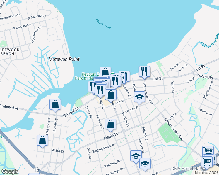 map of restaurants, bars, coffee shops, grocery stores, and more near 35 Broad Street in Keyport
