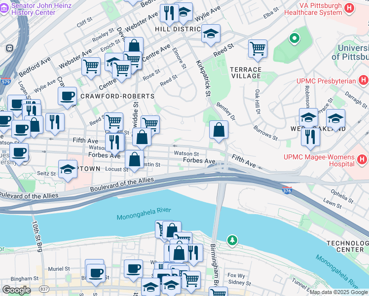 map of restaurants, bars, coffee shops, grocery stores, and more near 2030 Fifth Avenue in Pittsburgh