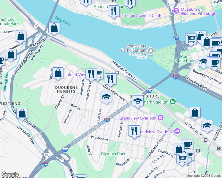 map of restaurants, bars, coffee shops, grocery stores, and more near 1230 Grandview Avenue in Pittsburgh