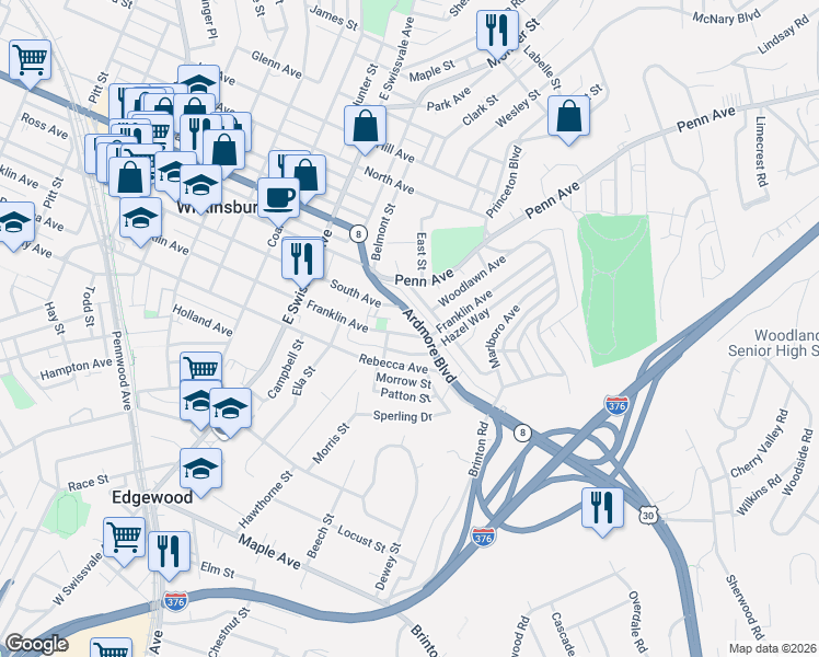 map of restaurants, bars, coffee shops, grocery stores, and more near 729 Ardmore Boulevard in Pittsburgh