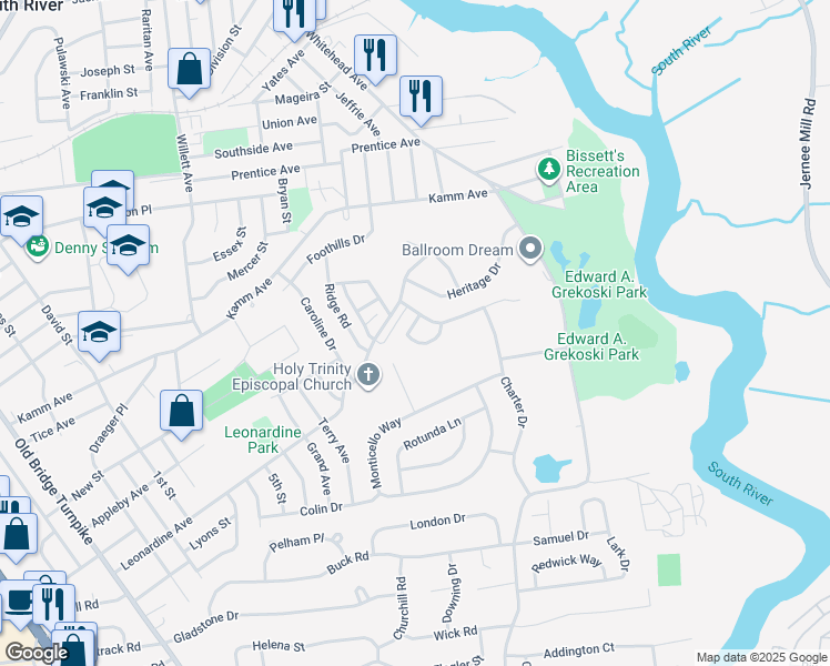 map of restaurants, bars, coffee shops, grocery stores, and more near 4 Congress Lane in South River