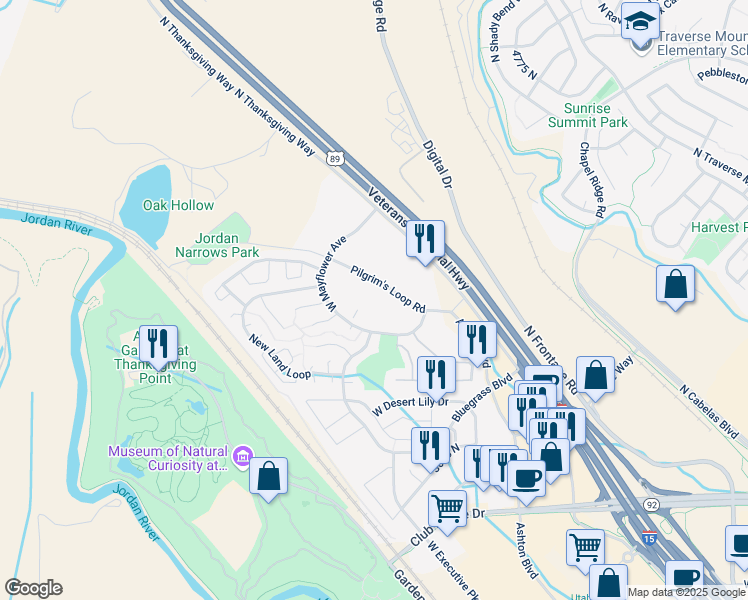 map of restaurants, bars, coffee shops, grocery stores, and more near 3300 Pilgrim's Loop Road in Lehi