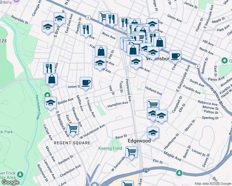 map of restaurants, bars, coffee shops, grocery stores, and more near 231 Hay Street in Pittsburgh