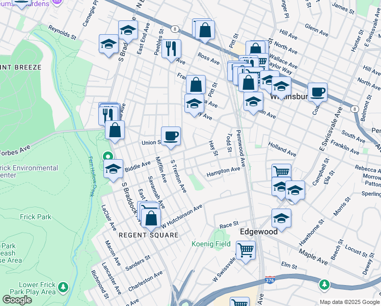 map of restaurants, bars, coffee shops, grocery stores, and more near 446 Biddle Avenue in Pittsburgh
