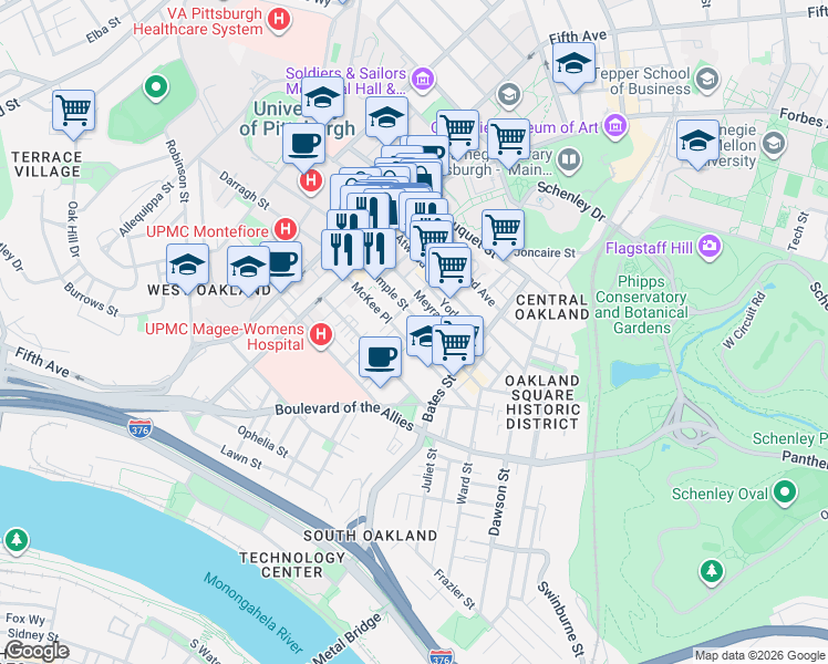 map of restaurants, bars, coffee shops, grocery stores, and more near 299 McKee Place in Pittsburgh