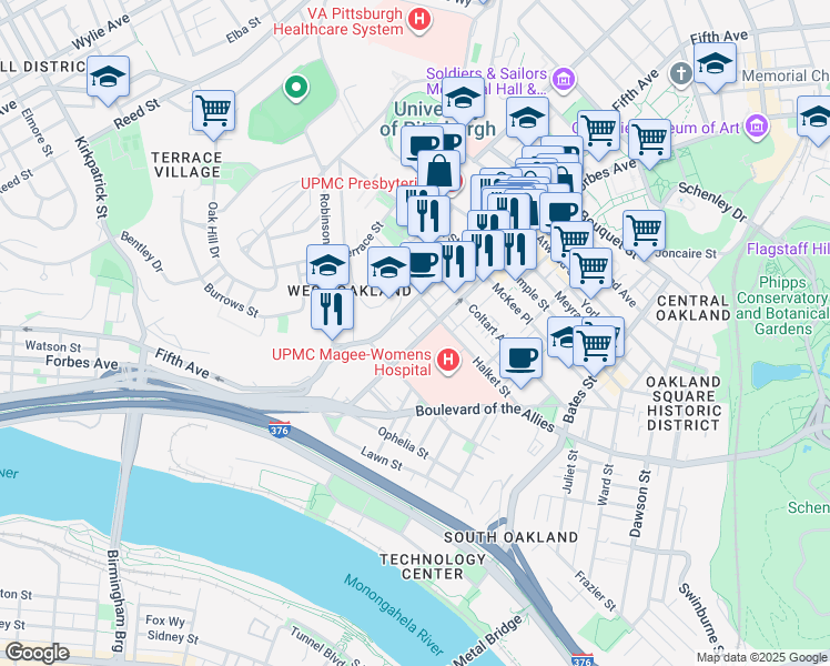 map of restaurants, bars, coffee shops, grocery stores, and more near 3343 Forbes Avenue in Pittsburgh