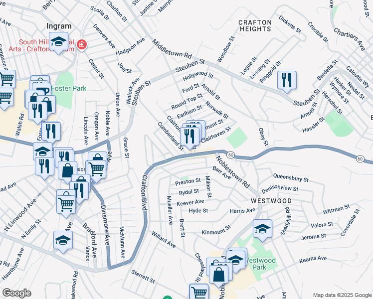 map of restaurants, bars, coffee shops, grocery stores, and more near 107 Clairtonica Street in Pittsburgh