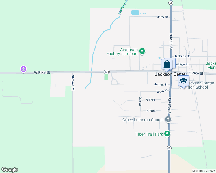 map of restaurants, bars, coffee shops, grocery stores, and more near 107 Island Street in Jackson Center