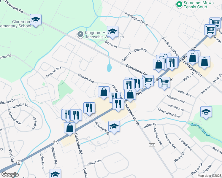 map of restaurants, bars, coffee shops, grocery stores, and more near 5 Fisher Drive in Franklin Township