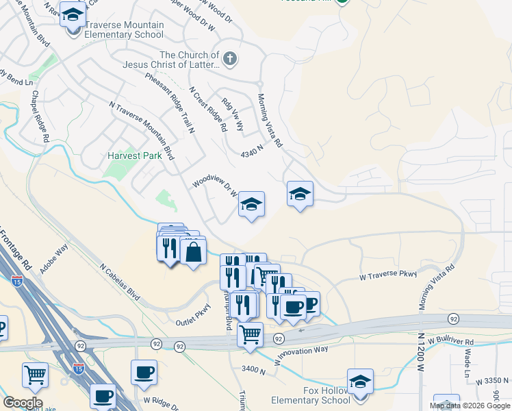 map of restaurants, bars, coffee shops, grocery stores, and more near 1858 Woodview Drive West in Lehi
