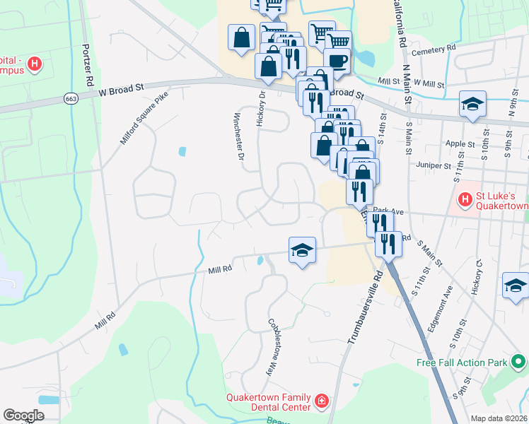 map of restaurants, bars, coffee shops, grocery stores, and more near 4 Braxton Court in Quakertown