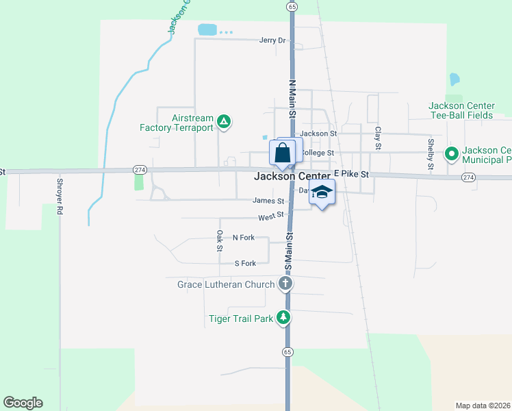 map of restaurants, bars, coffee shops, grocery stores, and more near 204 James Street in Jackson Center