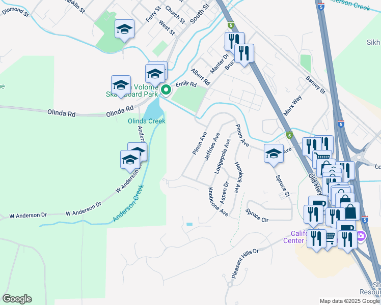 map of restaurants, bars, coffee shops, grocery stores, and more near 1372 Pinon Avenue in Anderson