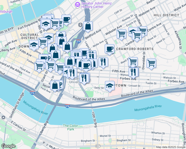 map of restaurants, bars, coffee shops, grocery stores, and more near 1045 Forbes Avenue in Pittsburgh
