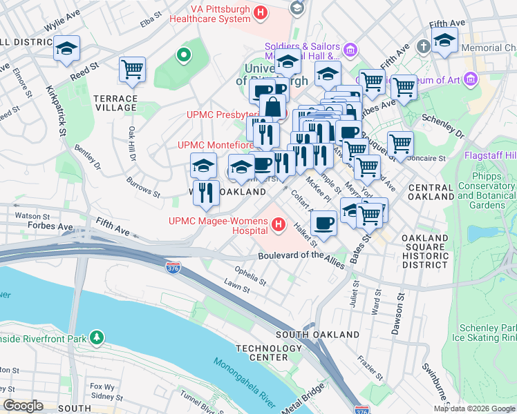 map of restaurants, bars, coffee shops, grocery stores, and more near 3339 Forbes Avenue in Pittsburgh