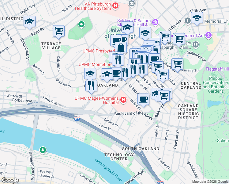 map of restaurants, bars, coffee shops, grocery stores, and more near 3339 Forbes Avenue in Pittsburgh