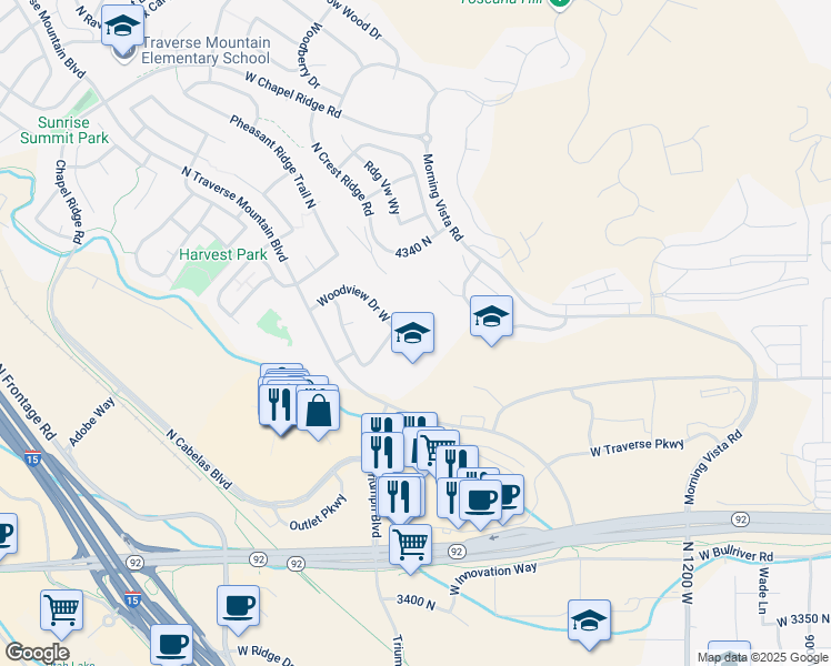 map of restaurants, bars, coffee shops, grocery stores, and more near 1868 Woodview Drive West in Lehi