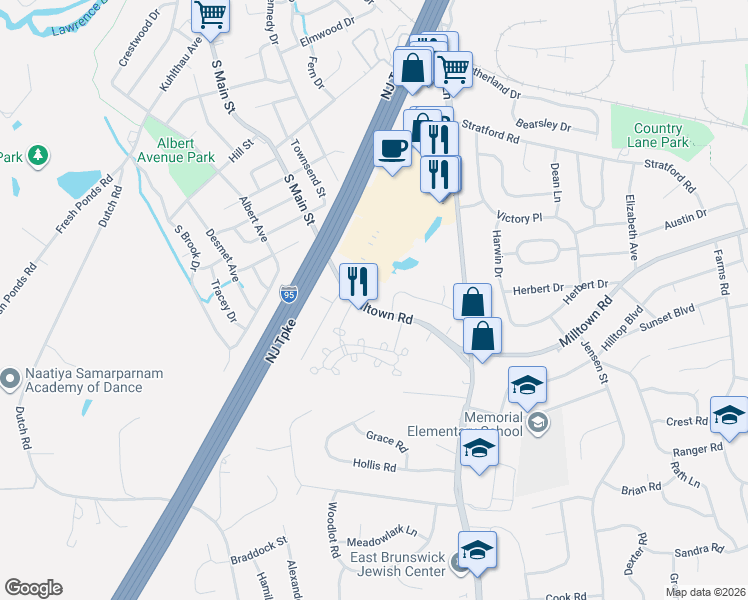 map of restaurants, bars, coffee shops, grocery stores, and more near 330 Milltown Road in East Brunswick