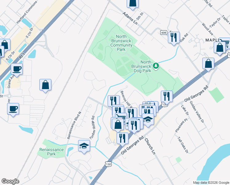 map of restaurants, bars, coffee shops, grocery stores, and more near 50 Springfield Road in North Brunswick Township