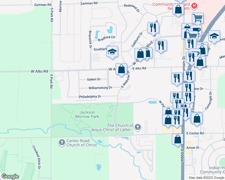 map of restaurants, bars, coffee shops, grocery stores, and more near 603 Williamsburg Drive in Kokomo