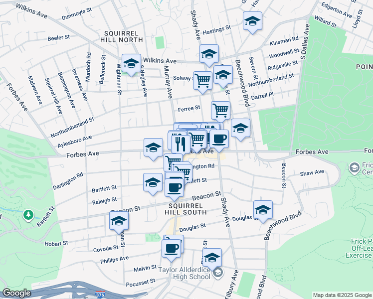map of restaurants, bars, coffee shops, grocery stores, and more near 5823 Forbes Avenue in Pittsburgh