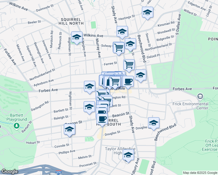 map of restaurants, bars, coffee shops, grocery stores, and more near 5823 Forbes Avenue in Pittsburgh