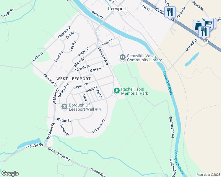map of restaurants, bars, coffee shops, grocery stores, and more near 250 Grant Street in Leesport