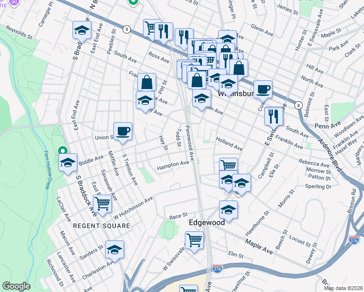 map of restaurants, bars, coffee shops, grocery stores, and more near 414 Todd Street in Pittsburgh