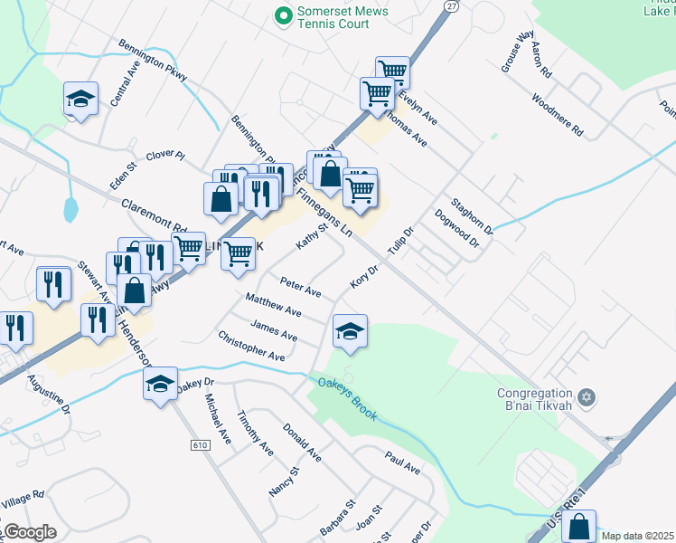 map of restaurants, bars, coffee shops, grocery stores, and more near 13 Karen Street in South Brunswick Township